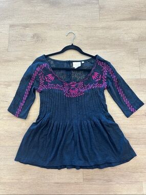 Anthropologie Navy Top with Fuchsia Embroidery